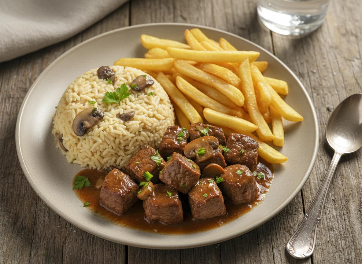 Picadinho ao molho madeira com arroz piamontese e batata frita photo