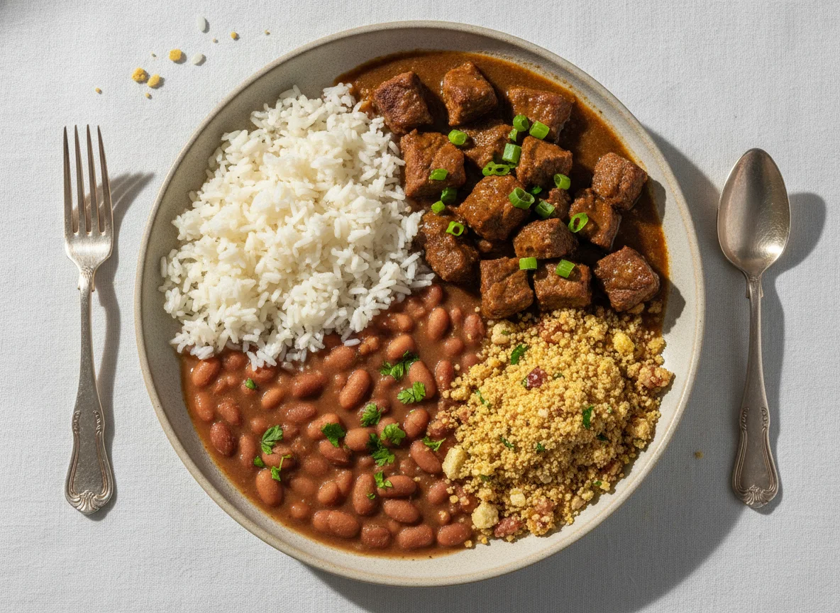 Picadinho de carne, arroz, feijão carioca e farofa photo
