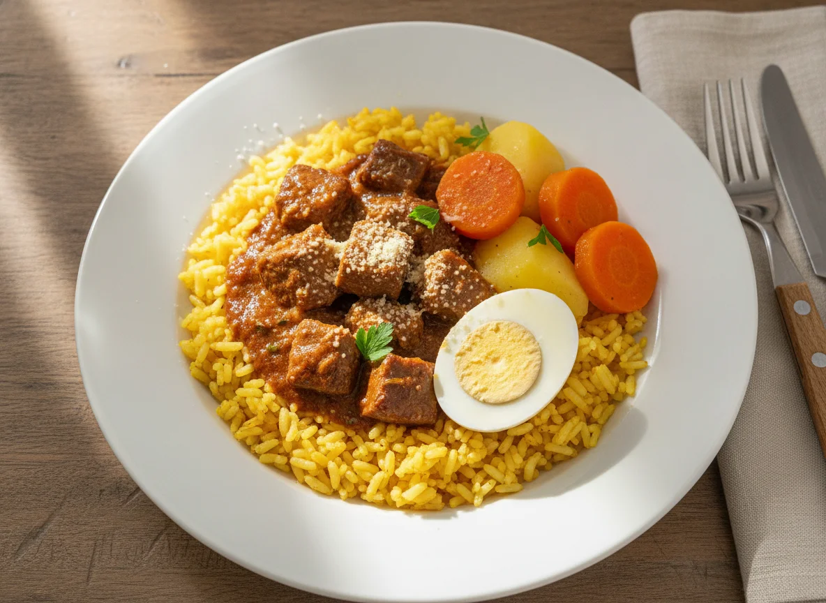 Picadinho de carne com arroz amarelo e ovo cozido photo