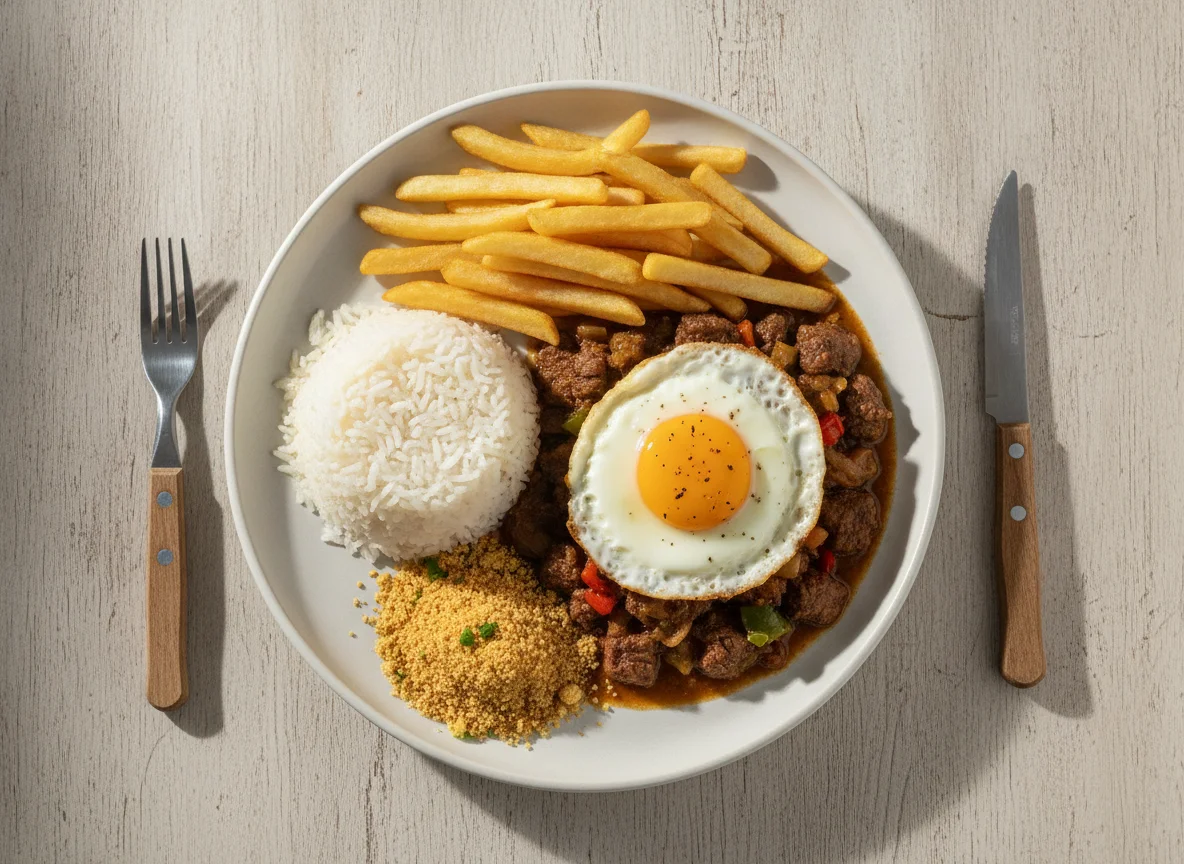 Picadinho de Carne com Arroz, Batata Frita e Ovo photo