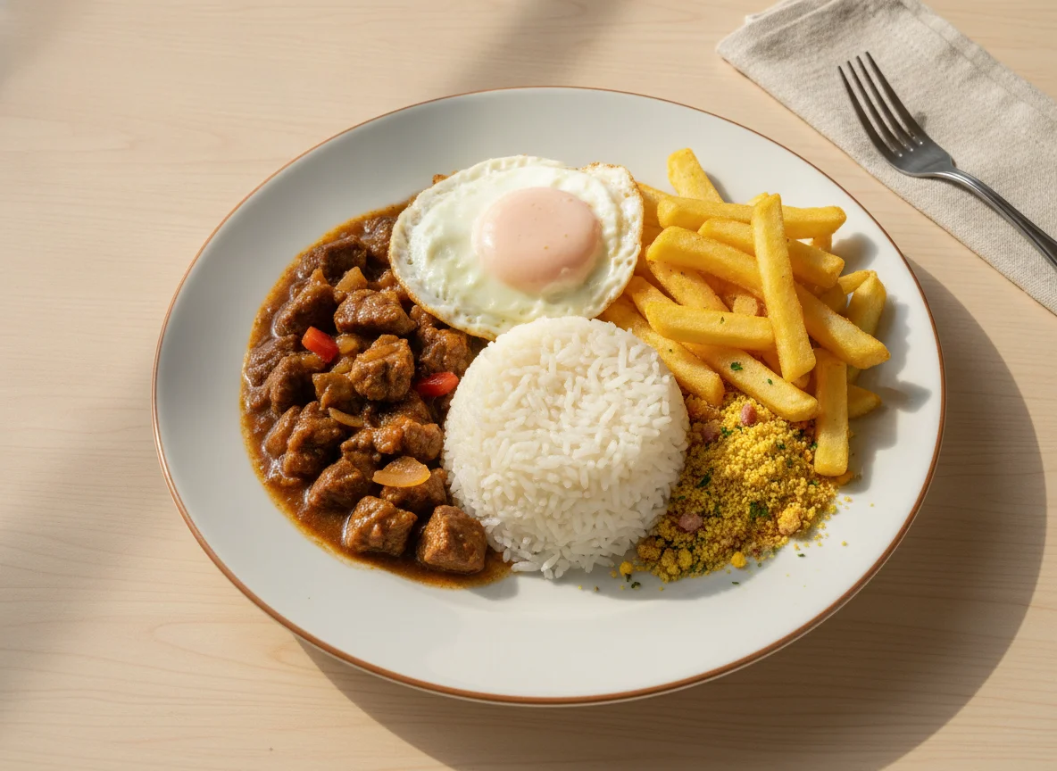 Picadinho de Carne com Arroz, Batata Frita, Ovo e Farofa photo