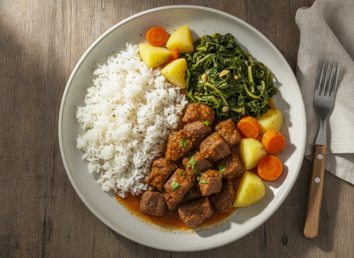 Picadinho de carne com arroz, couve e legumes photo