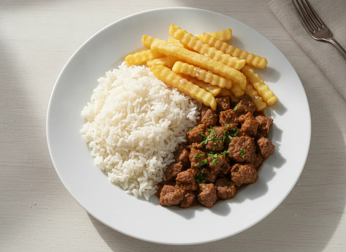 Picadinho de carne com arroz e batata frita photo