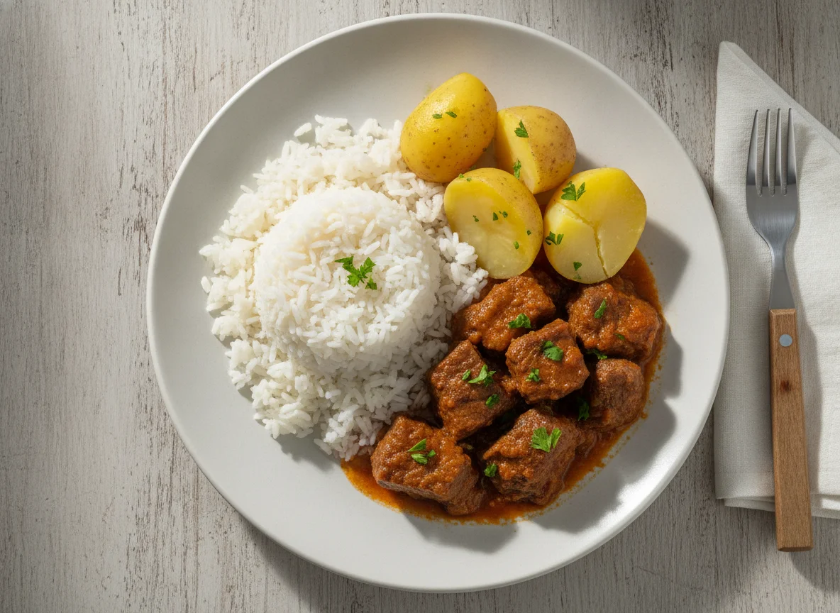Picadinho de carne com arroz e batata photo