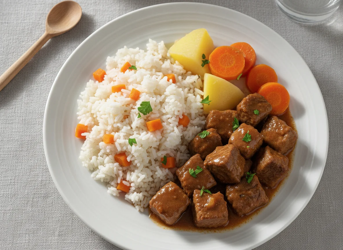 Picadinho de carne com arroz e legumes photo