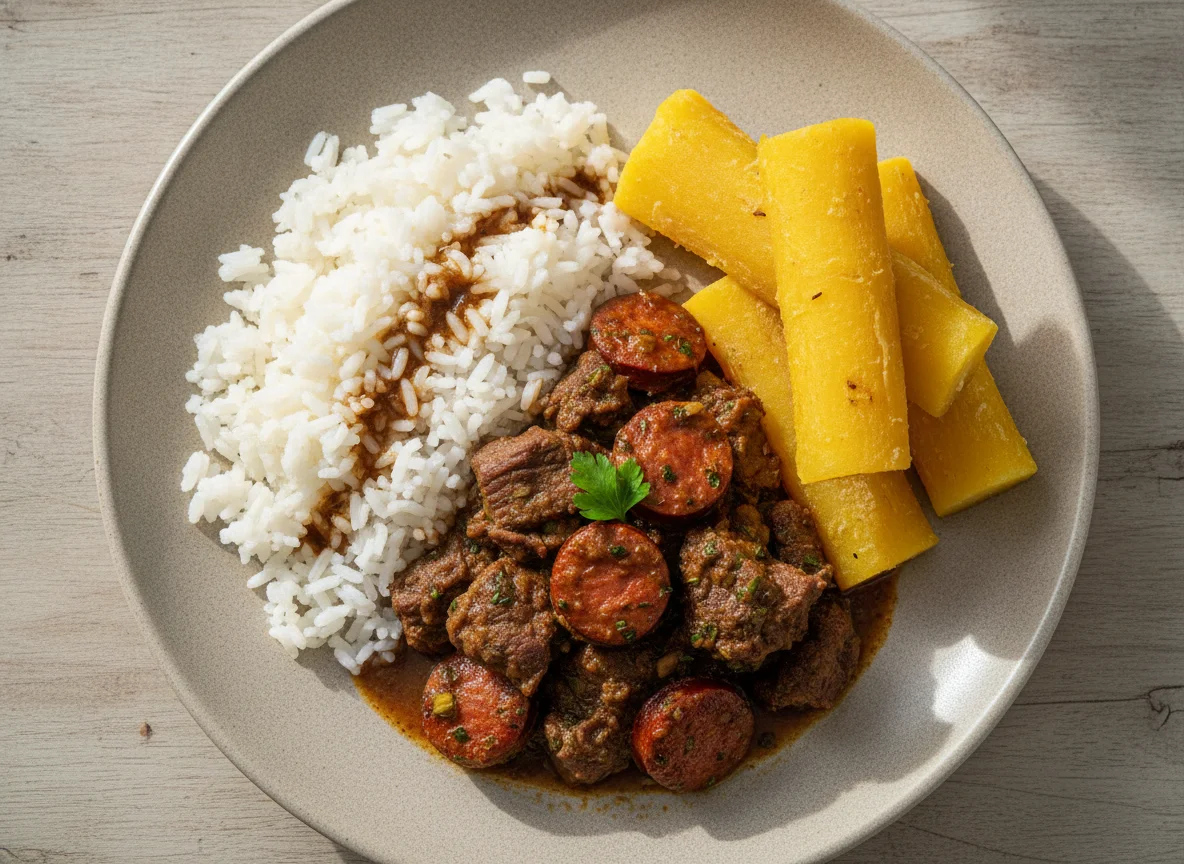 Picadinho de carne com arroz e mandioca photo