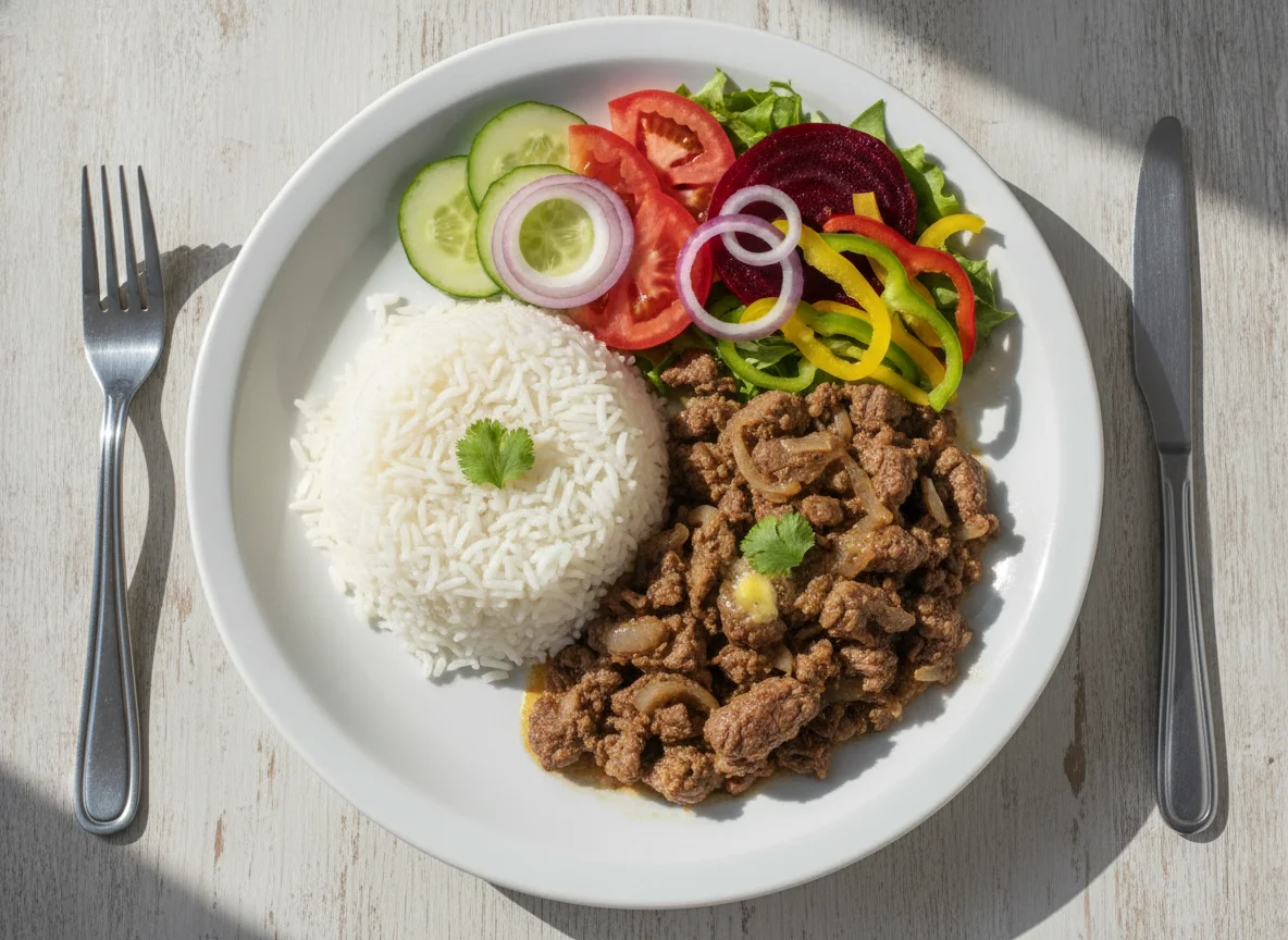 Picadinho de carne com arroz e salada photo