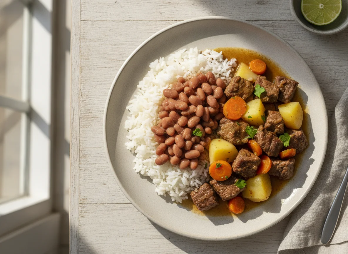 Picadinho de Carne com Arroz, Feijão e Legumes photo
