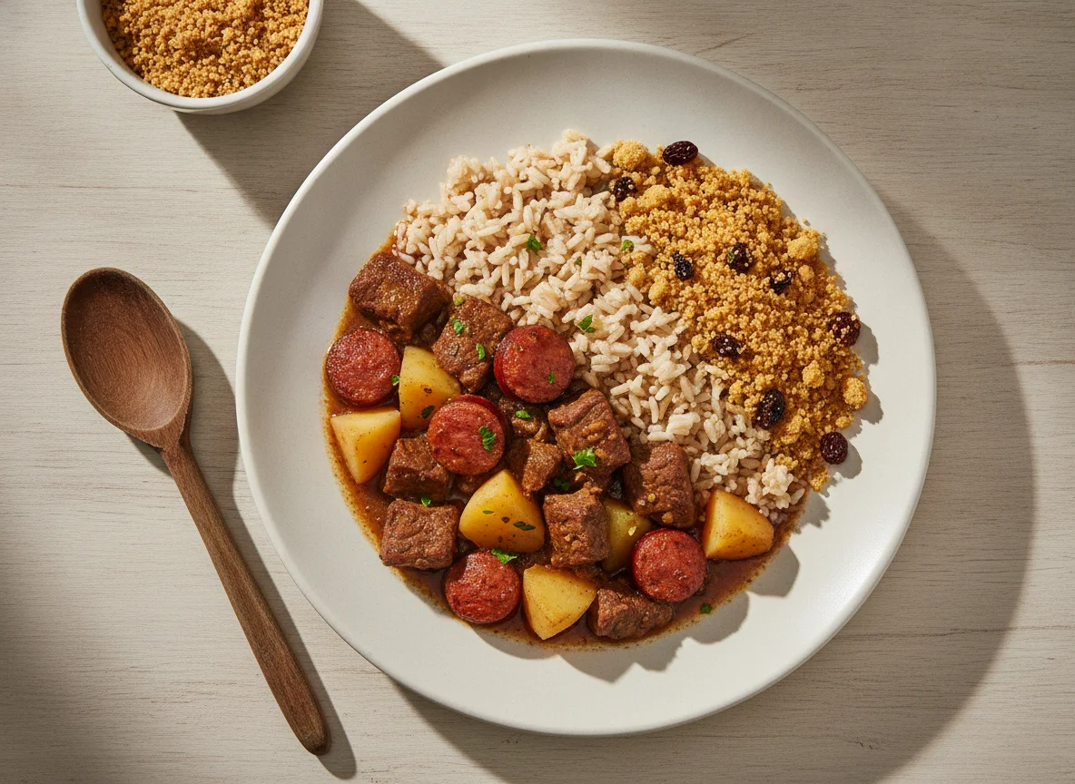 Picadinho de carne com arroz integral e farofa photo