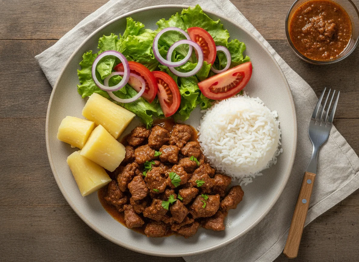 Picadinho de carne com arroz, mandioca e salada photo