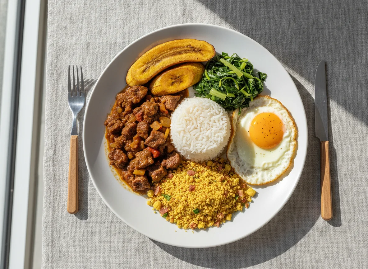 Picadinho de Carne com Arroz, Ovo, Couve, Farofa e Banana photo
