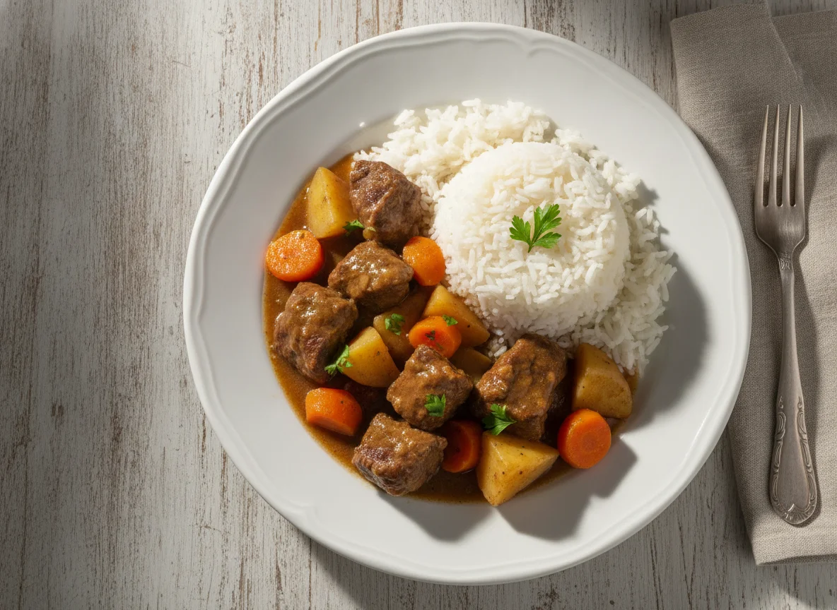 Picadinho de carne com batata e arroz photo