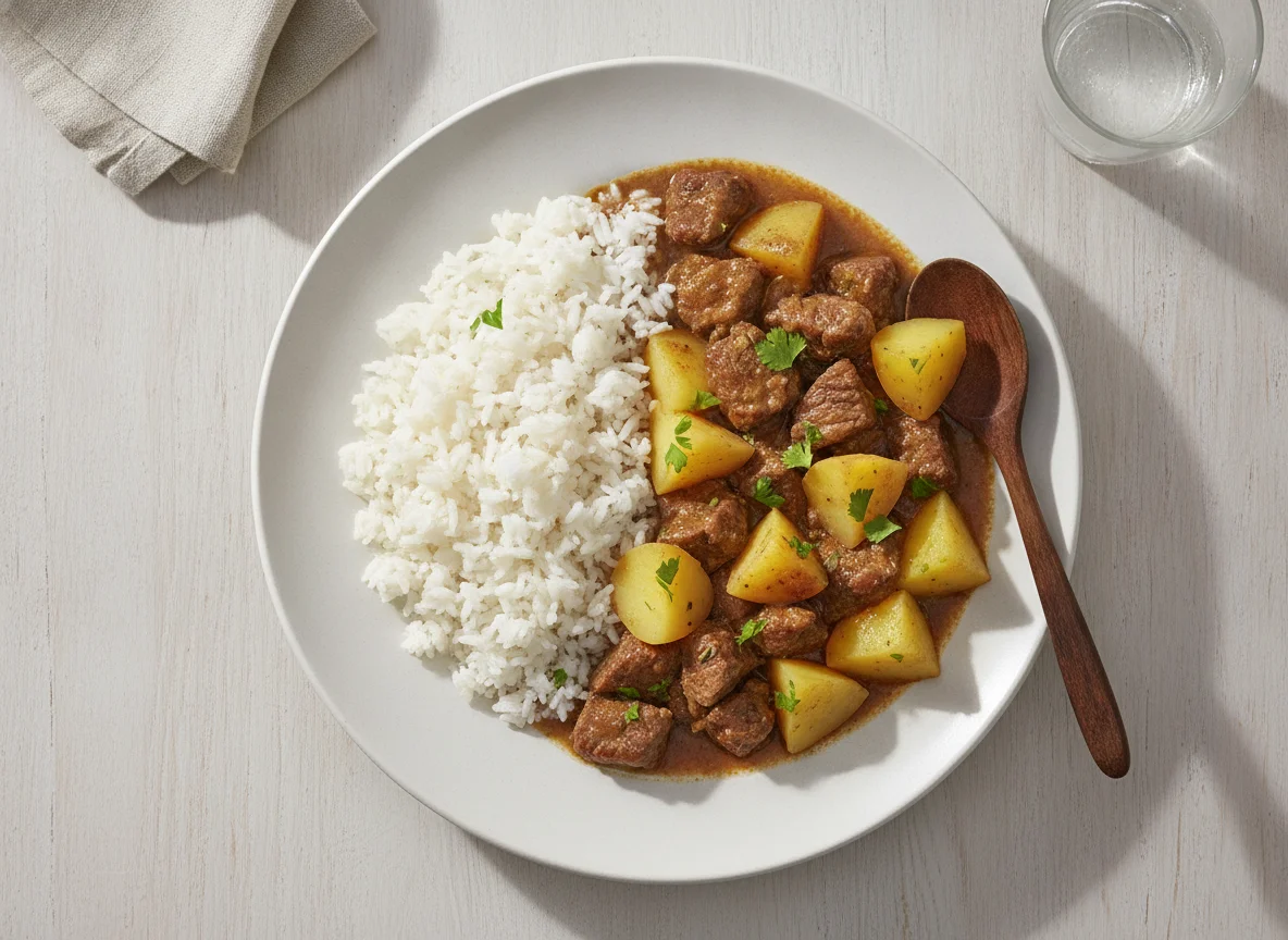 Picadinho de carne com batatas e arroz photo