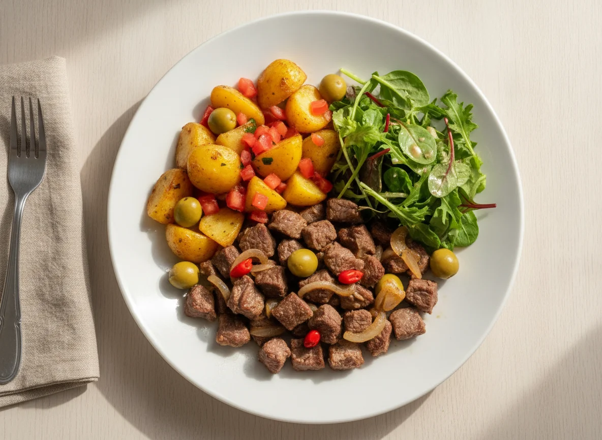 Picadinho de carne com batatas e salada photo