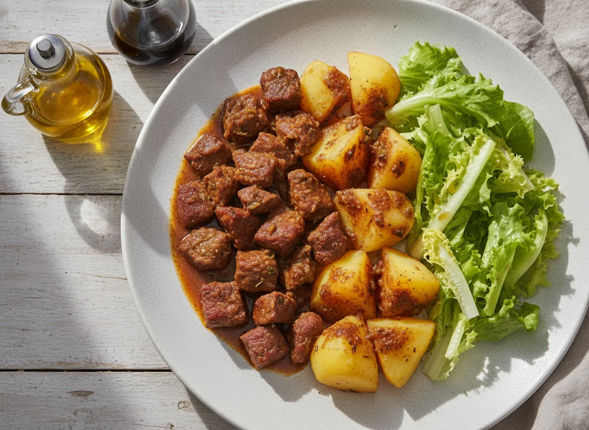 Picadinho de carne com batatas e salada verde photo