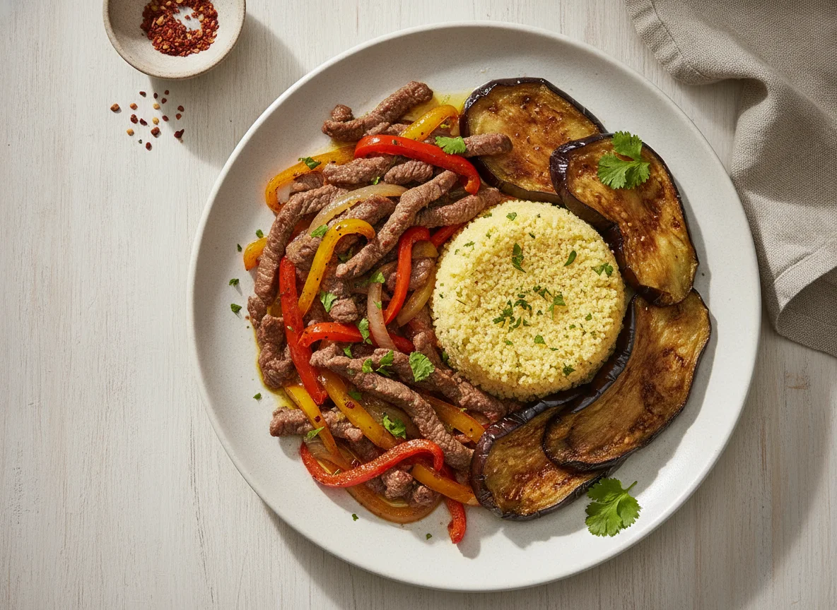 Picadinho de carne com cuscuz e berinjela photo