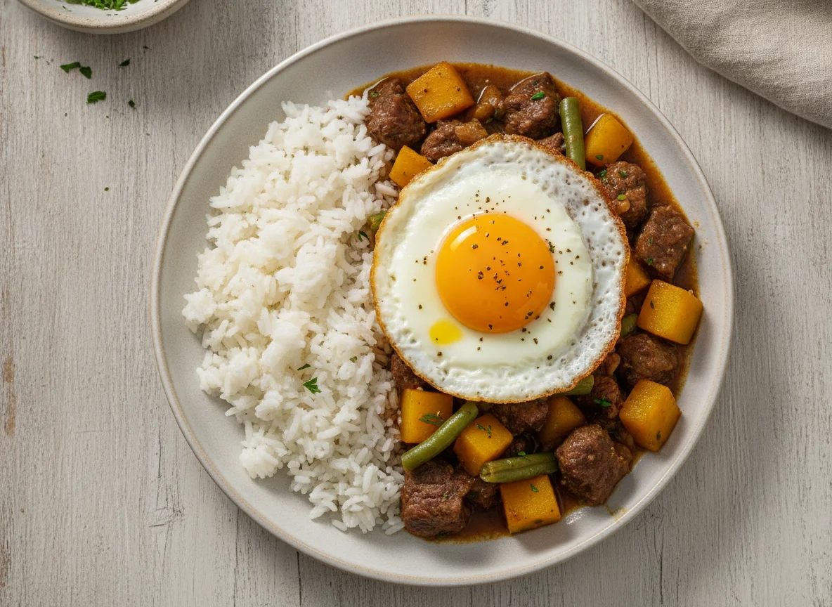 Picadinho de carne com legumes, arroz e ovo photo