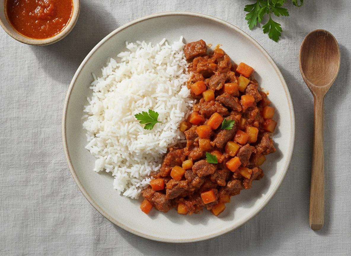 Picadinho de carne com legumes e arroz photo