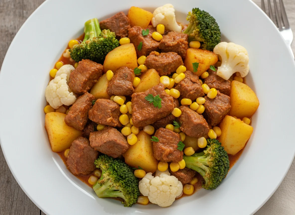 Picadinho de carne com legumes e brócolis photo