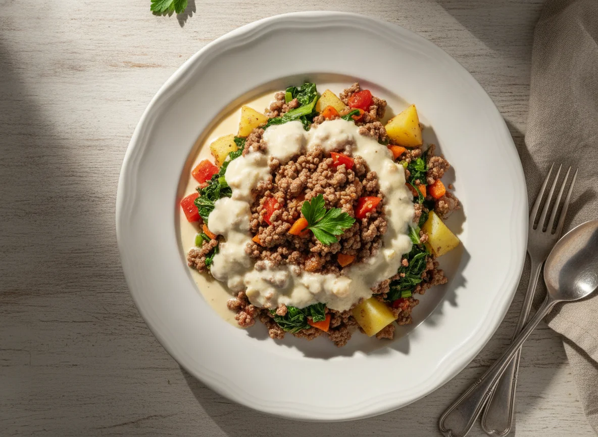 Picadinho de carne com legumes e molho branco photo