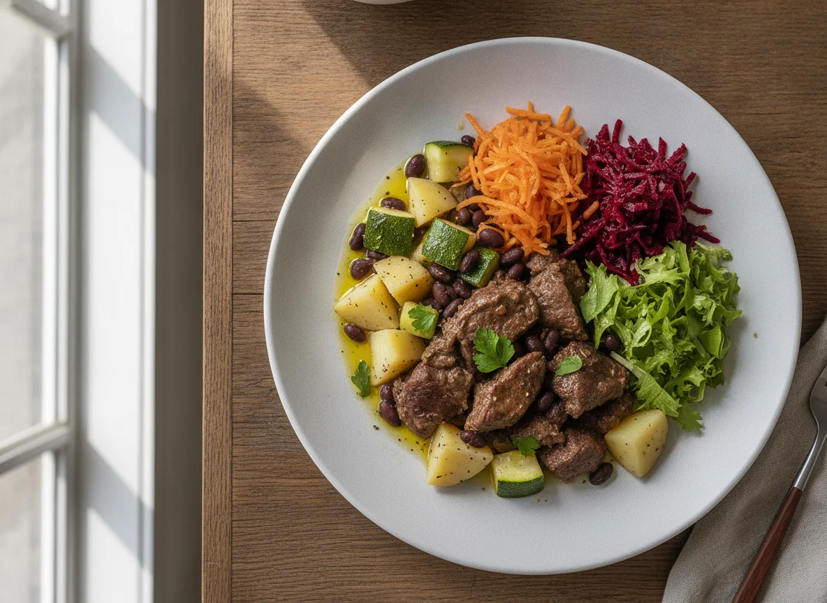 Picadinho de carne com legumes e salada photo