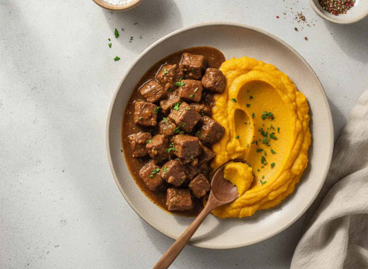 Picadinho de carne com purê de abóbora photo