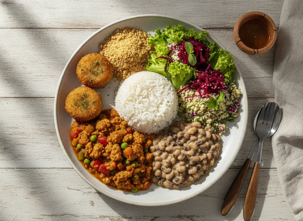 Picadinho Vegano com Arroz, Feijão e Bolinhos de Arroz photo