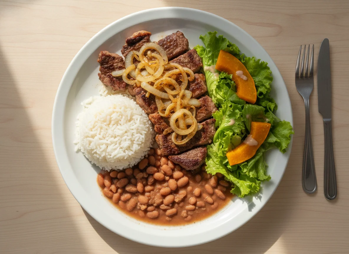 Picanha acebolada com arroz, feijão e salada photo