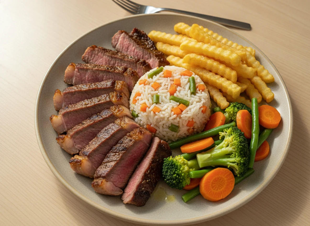 Picanha com Arroz Colorido, Batata Frita e Legumes photo