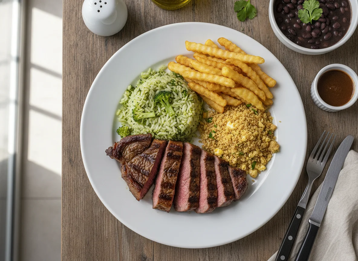 Picanha com Arroz de Brócolis, Farofa de Ovo e Batata Frita photo
