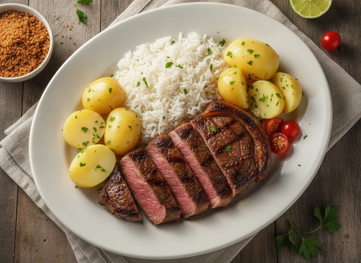 Picanha com arroz e batatas cozidas photo