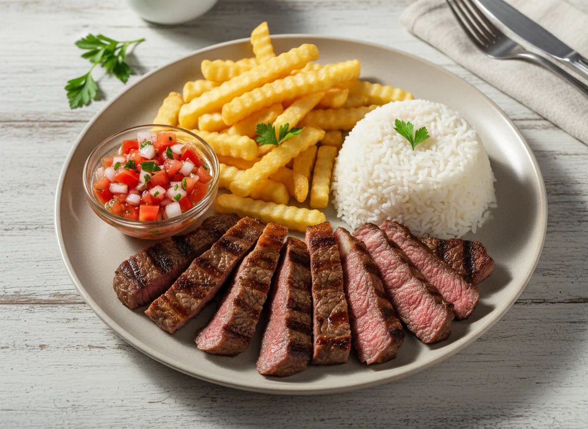 Picanha com batata frita, arroz e vinagrete photo