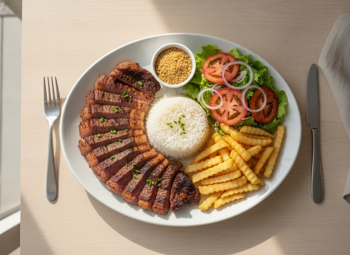 Picanha com batatas fritas, arroz e salada photo