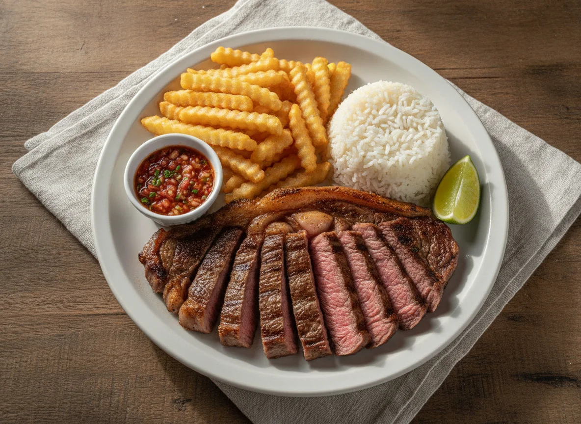 Picanha com batatas fritas e arroz photo