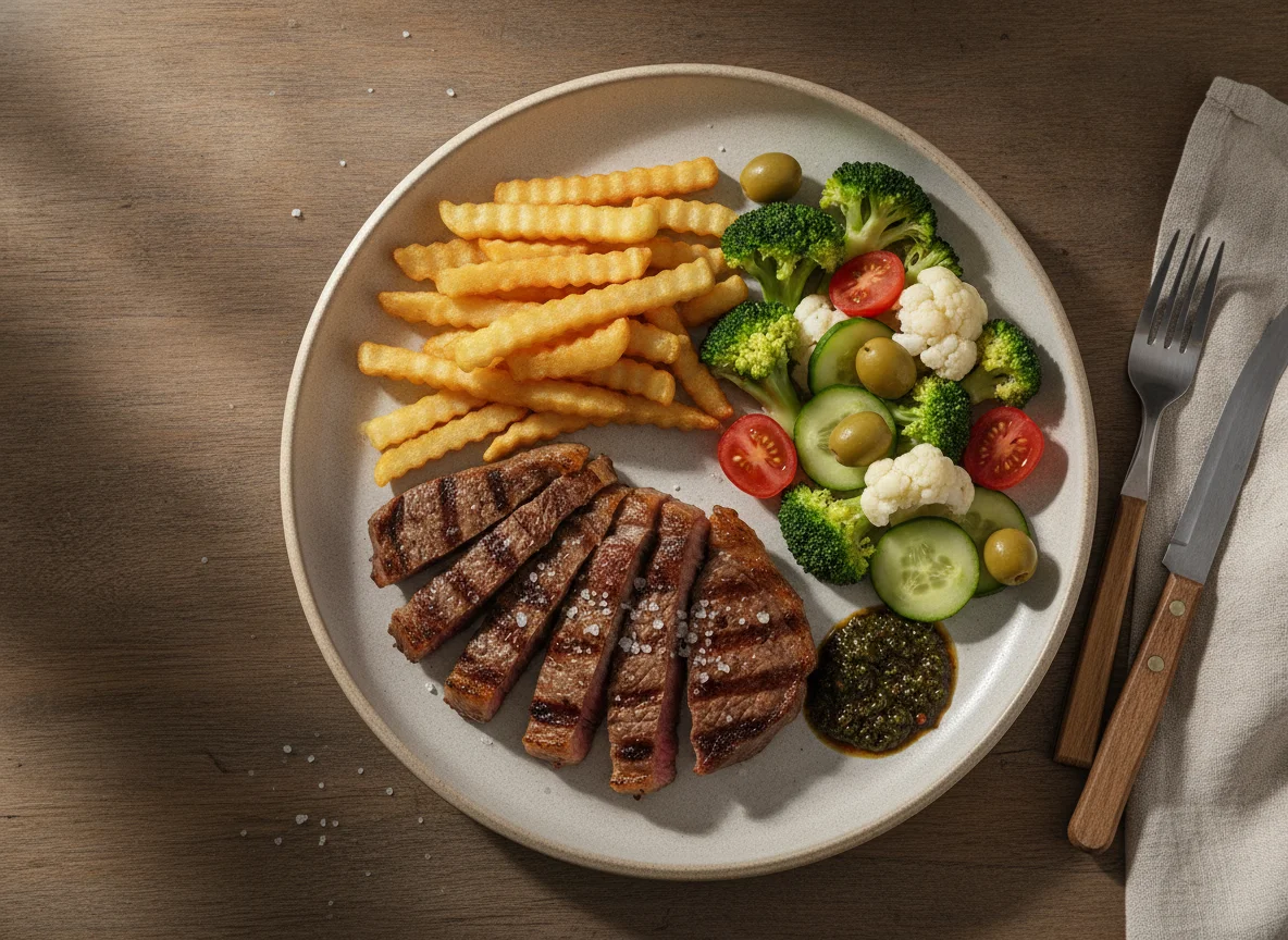 Picanha com batatas fritas e vegetais photo