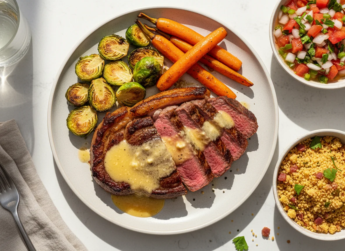 Picanha com legumes assados, vinagrete e farofa photo