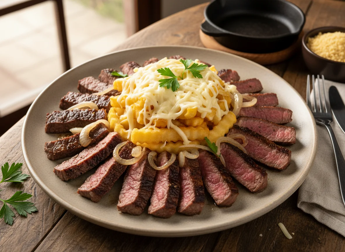 Picanha na chapa com batata frita e queijo photo