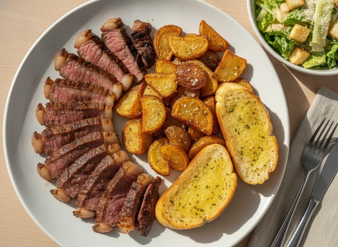 Picanha na chapa com batatas rústicas, pão de alho e salada caesar photo