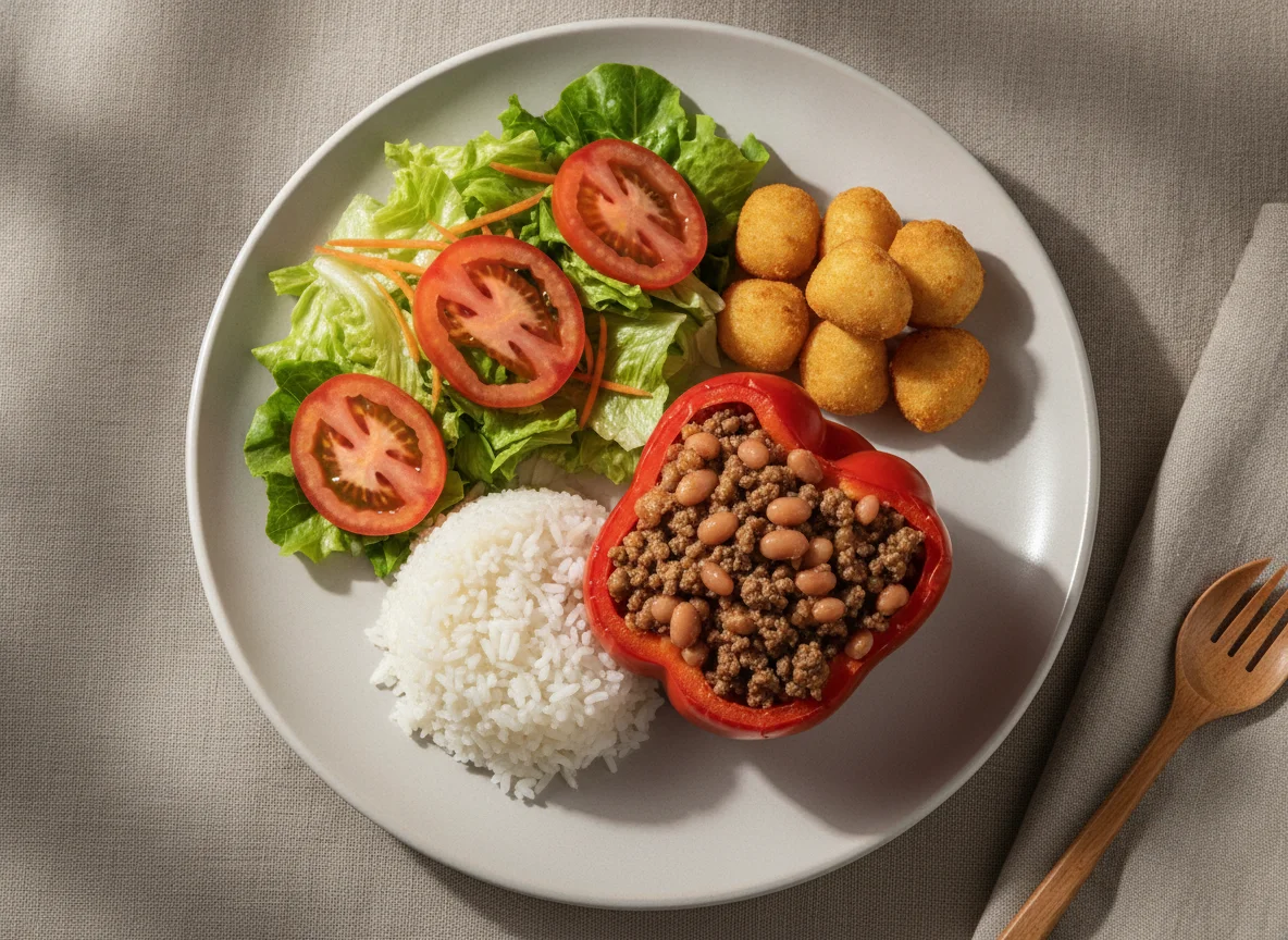 Pimentão recheado com arroz, feijão, salada e bolinhos fritos photo