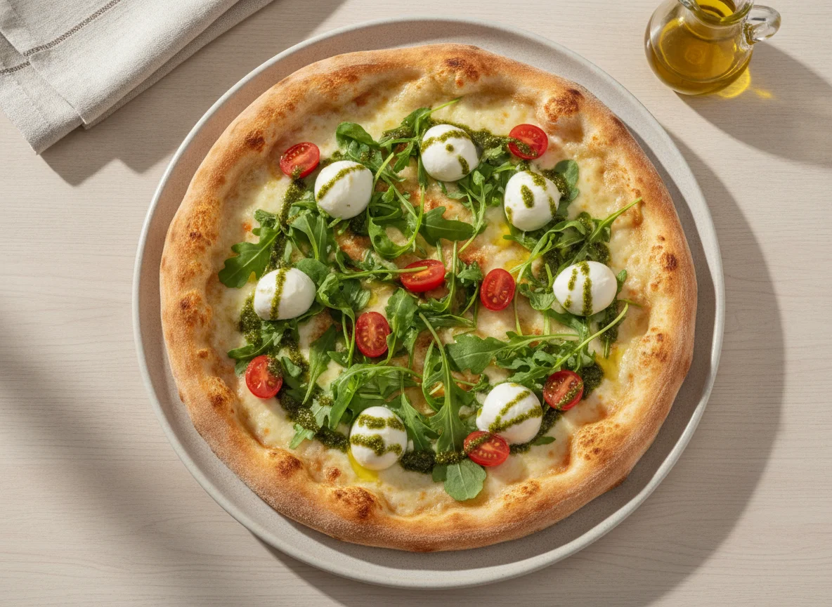 Pizza Branca com Rúcula e Tomate Cereja photo