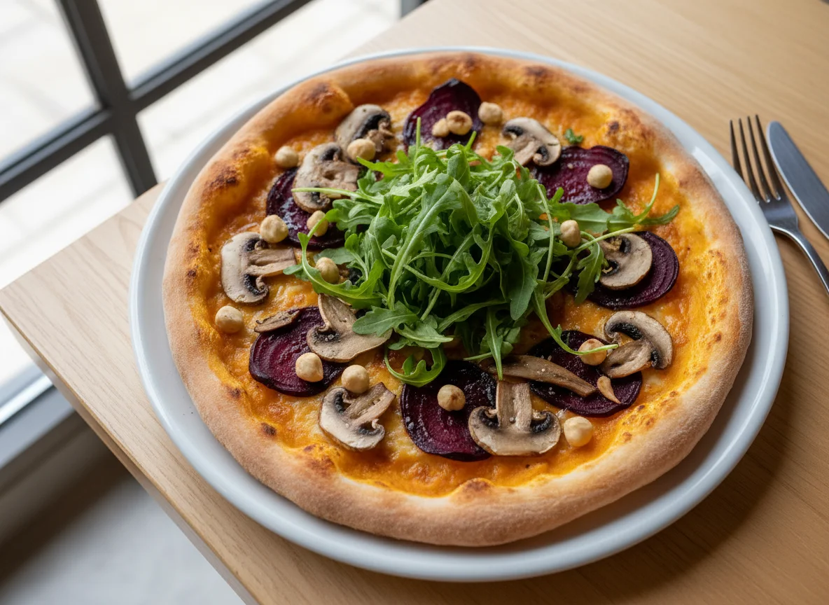 Pizza com abóbora, cogumelos, beterraba, avelãs e rúcula photo