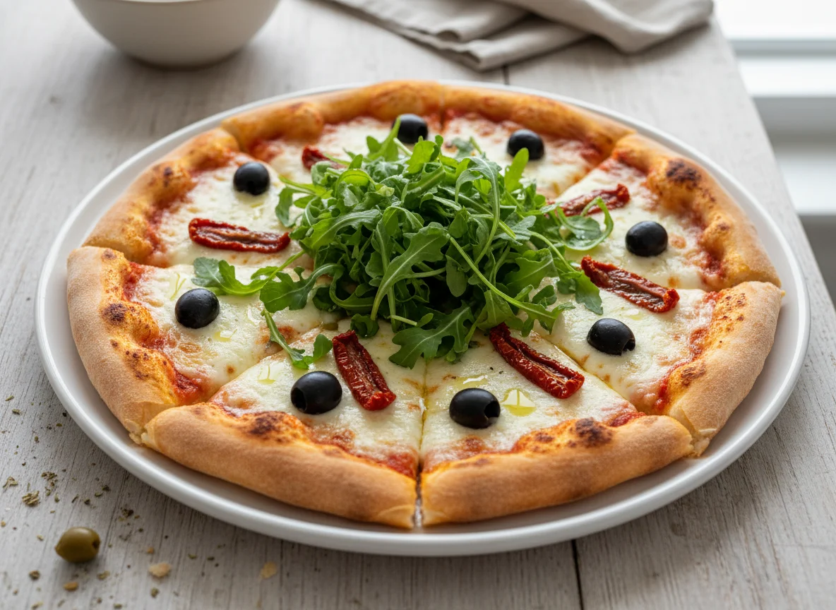 Pizza com Rúcula, Tomate Seco e Azeitonas photo