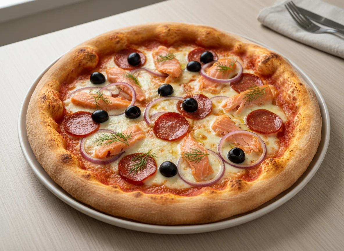 Pizza com salmão e cebola roxa photo