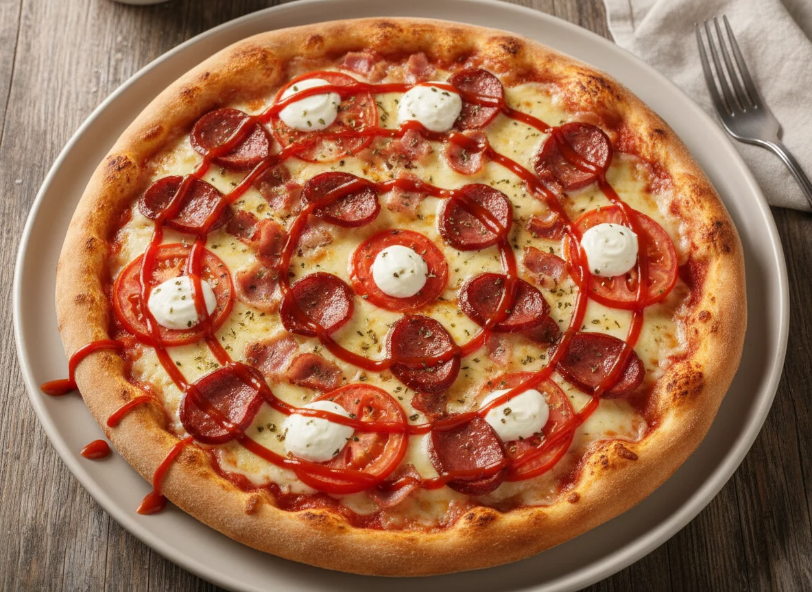 Pizza de Calabresa, Bacon, Catupiry e Tomate com Ketchup photo