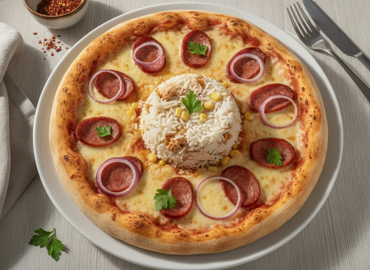 Pizza de Calabresa com Arroz Temperado photo