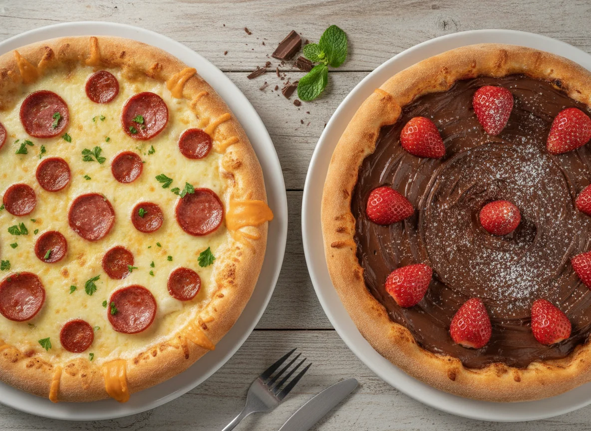 Pizza de Calabresa com Catupiry e Pizza Doce de Chocolate com Morango photo