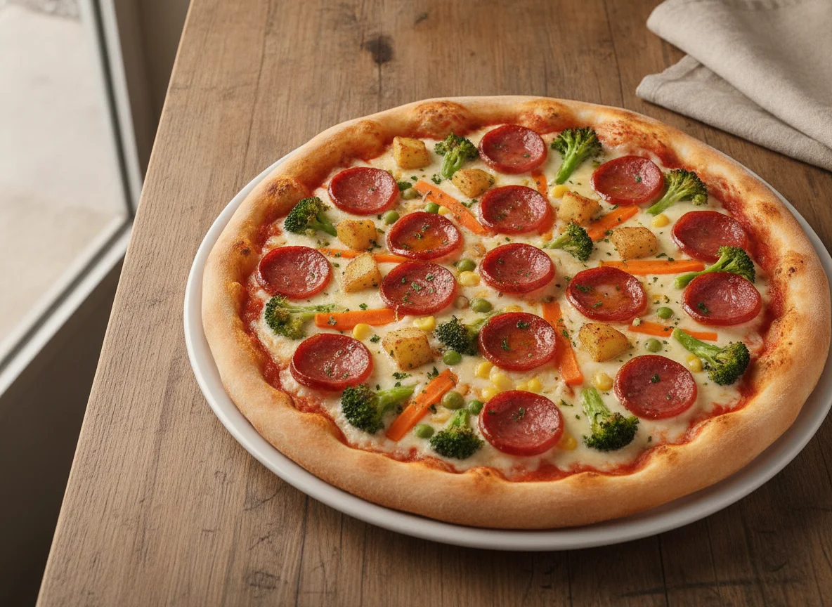 Pizza de calabresa com mix de vegetais photo