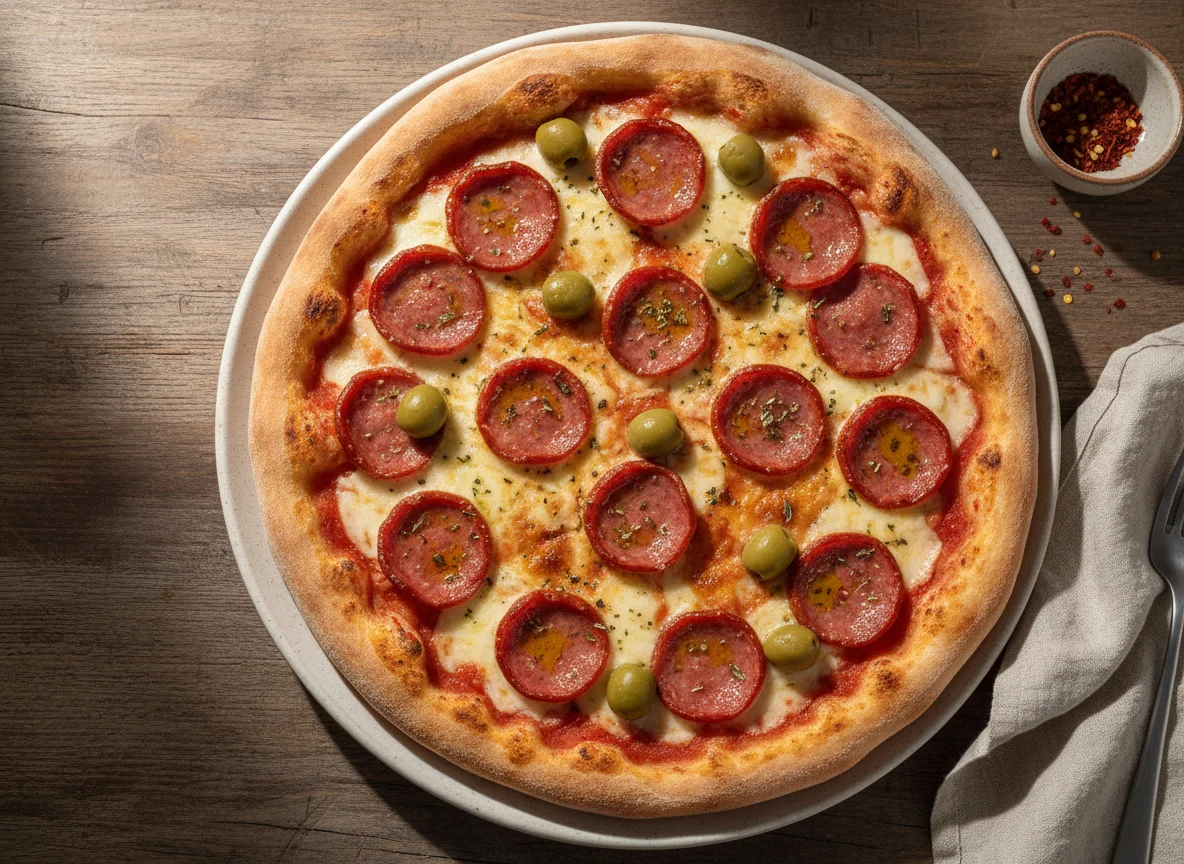 Pizza de Calabresa com Mussarela e Azeitonas photo