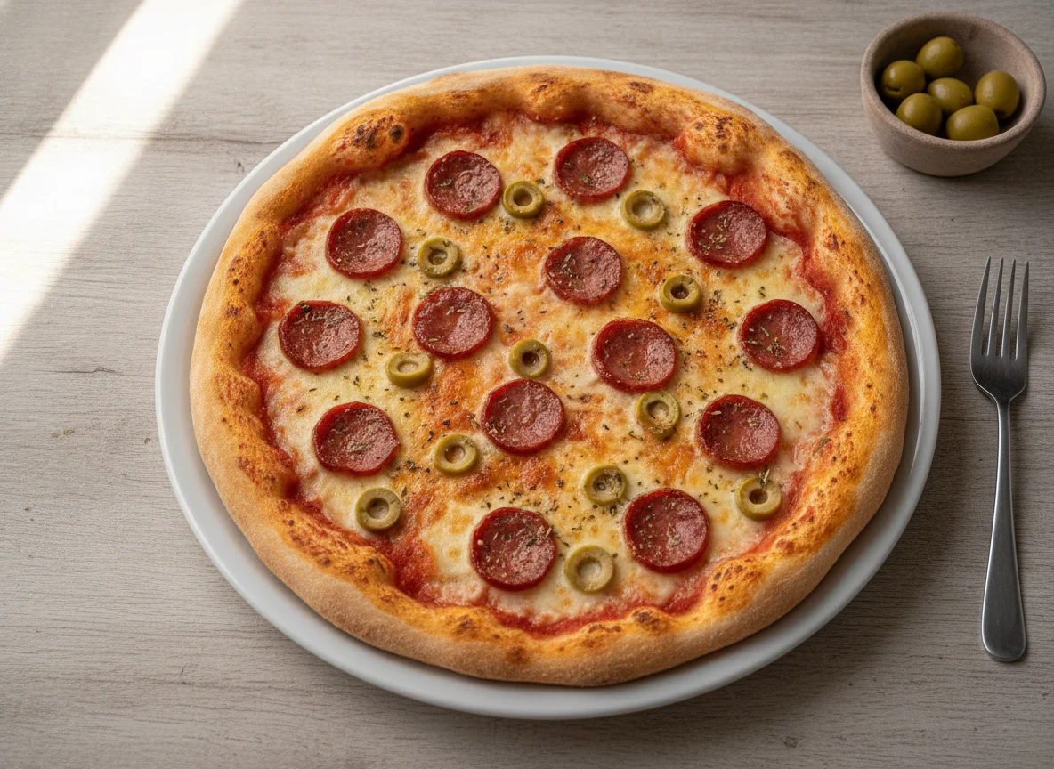 Pizza de Calabresa com Queijo e Azeitonas photo