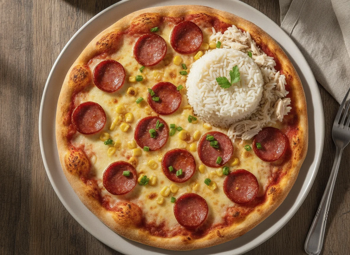 Pizza de Calabresa e Arroz com Frango photo